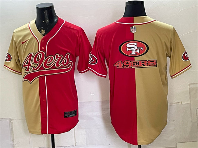 Men's Gold Red San Francisco 49ers Team Big Logo Split Stitched Jersey